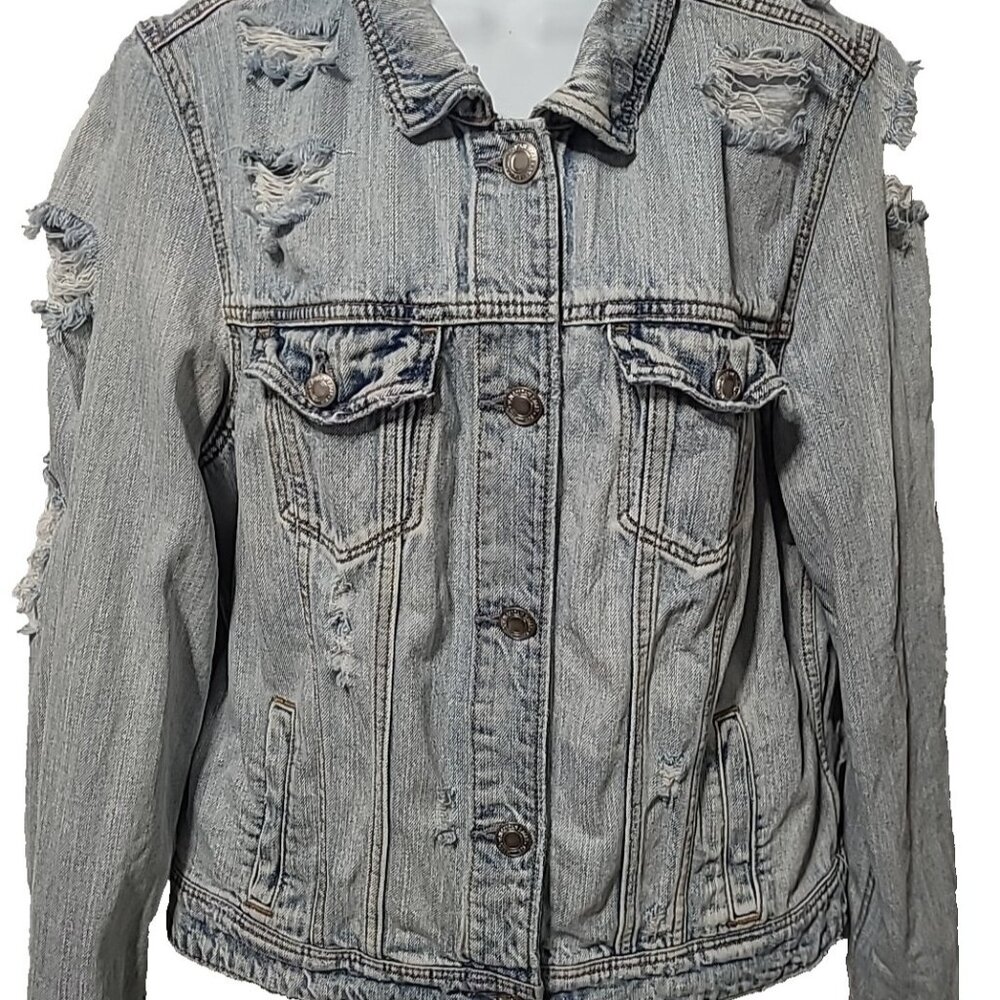 American Eagle Denim Jacket Womens XL‎ Blue Destroyed Ripped Holes Grunge